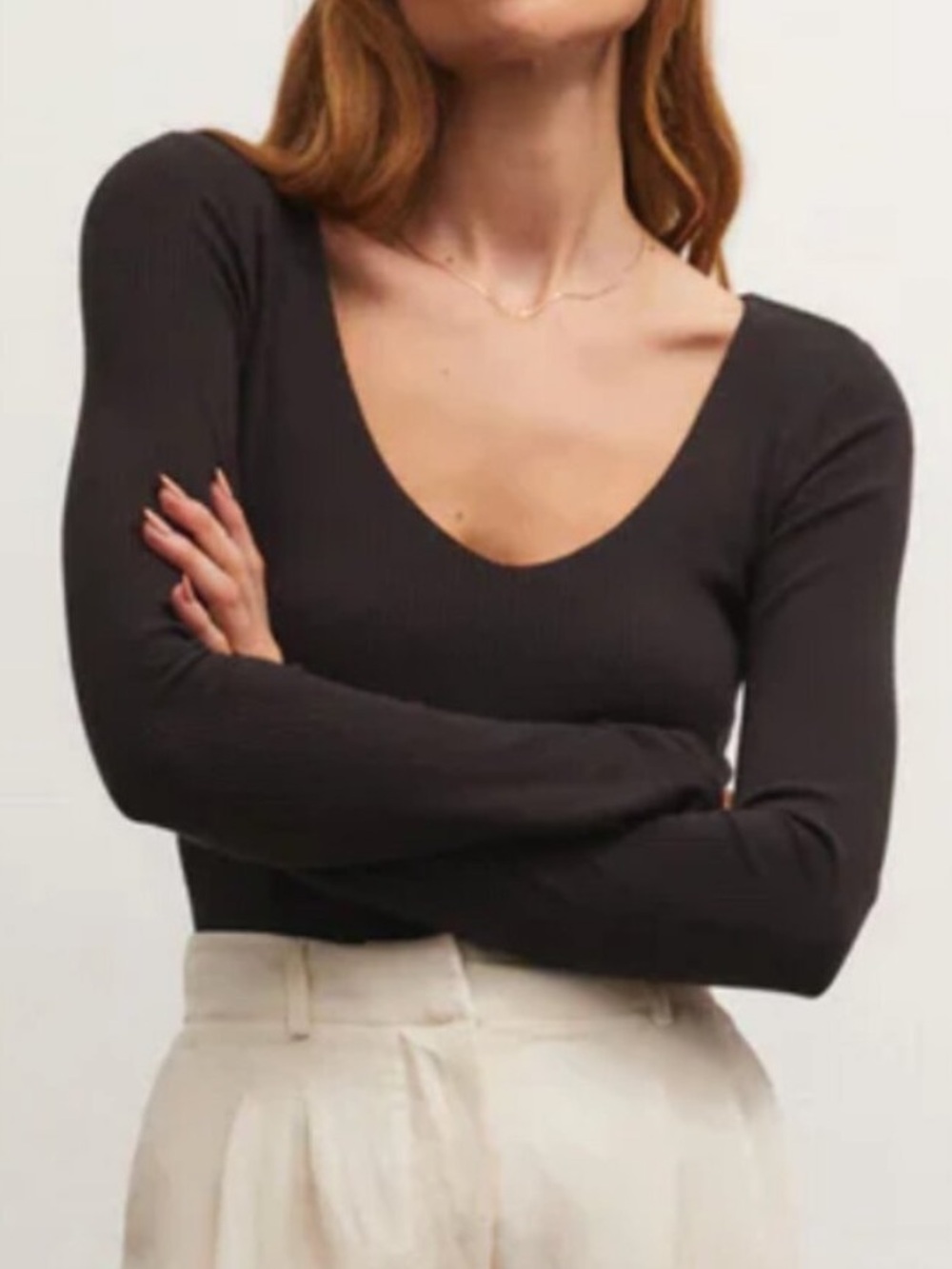 Z Supply Aden V-Neck Ribbed Top Long Sleeve Size S